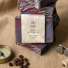 Load image into Gallery viewer, luxury men’s artisan soap bar with red and gray marble design and woods & mosses label
