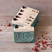 Load image into Gallery viewer, Handcrafted Christmas tree soap bars with emerald green swirls, creamy tops, and festive pinecone and berry decorations. Vegan artisan holiday gift soap by Woods & Mosses.
