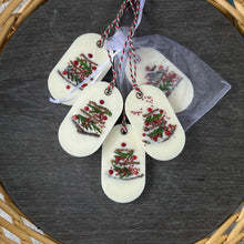 Load image into Gallery viewer, An elongated oval white wax tablet embellished with tiny dried branches, cranberry seeds, and red peppercorns resembles a Christmas tree. It features a red and green decorative rope threaded through a metal eyelet. Packaging: white organza bag.