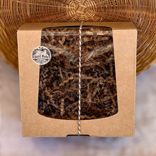 Load image into Gallery viewer, A kraft gift box with a clear window, tied with a striped twine, filled with crinkle paper. The box is sealed with a Hand Made sticker, highlighting the handcrafted nature of the product inside. The packaging is simple, rustic, and elegant.