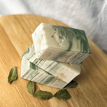 Load image into Gallery viewer, Top swirl pattern of Bay Leaf & Chlorophyll Soap‚ Handmade natural bar with green marbling and botanical finish.