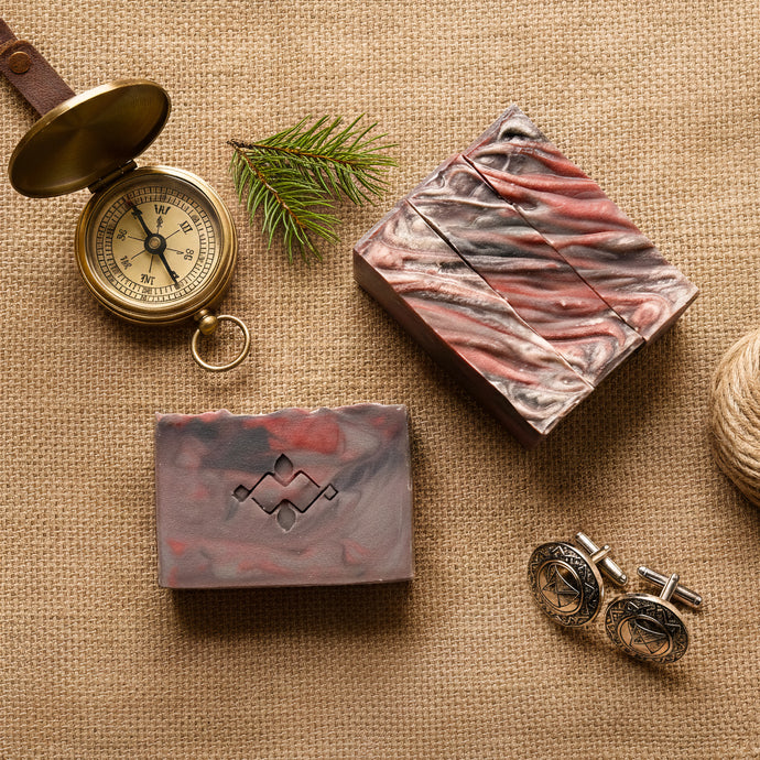 artisan soap bars with smoky red gray marble design, gift for men