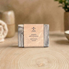 Load image into Gallery viewer, Birch Design soap bar wrapped with Woods &amp; Mosses paper band, gray-and-ivory striped sides visible.