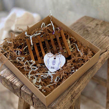 Load image into Gallery viewer, A wooden soap dish with seven bars, and a paper tag decorated with lavender flowers and the word Love.