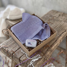 Load image into Gallery viewer, A soft purple cotton face cloth and a lavender themed decorative tin.