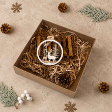 Load image into Gallery viewer, Wooden deer and forest ornament inside a kraft gift box with paper filler, pinecone, and wooden soap dish.