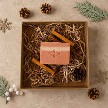Load image into Gallery viewer, Moroccan Clay Amber Saffron handmade soap on a wooden soap dish inside a kraft gift box with paper filler.