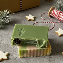 Load image into Gallery viewer, Two handmade soap bars stacked in green and pastel marbled colors for christmas gift set.