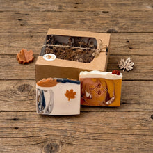 Load image into Gallery viewer, Maple leaf and spiced pumpkin soap bars beside a kraft fall gift box and mini leaf decorations