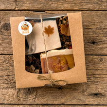 Load image into Gallery viewer, Closed kraft fall soap gift box with a clear window, twine, two handmade bars, and mini leaves