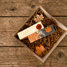 Load image into Gallery viewer, Open kraft fall soap gift set with two handmade bars, a wooden maple leaf, and a mini soap leaf