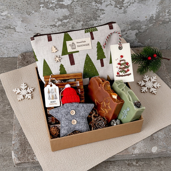 Holiday Self-Care Gift Box featuring sustainable and cozy products by Woods and Mosses.