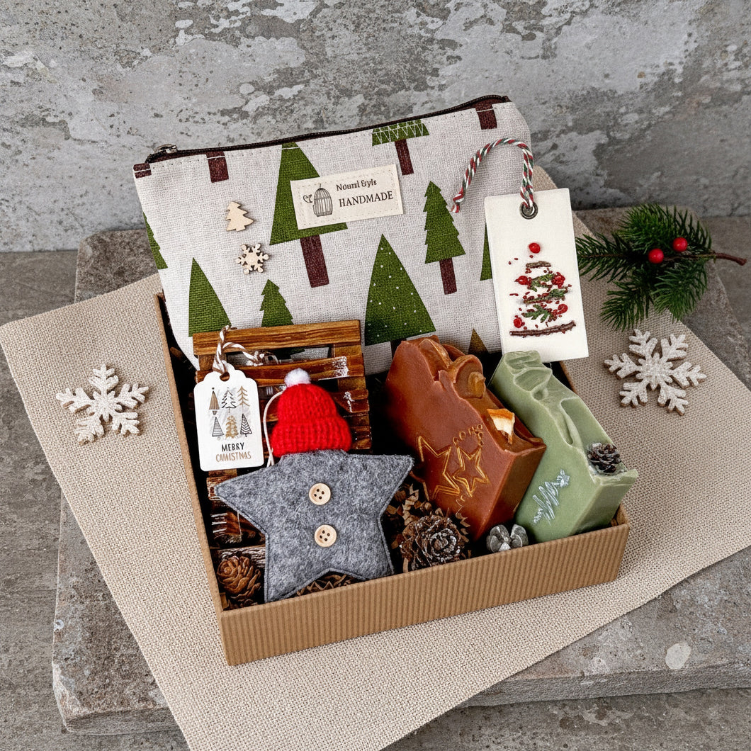 Holiday Self-Care Gift Box featuring sustainable and cozy products by Woods and Mosses.