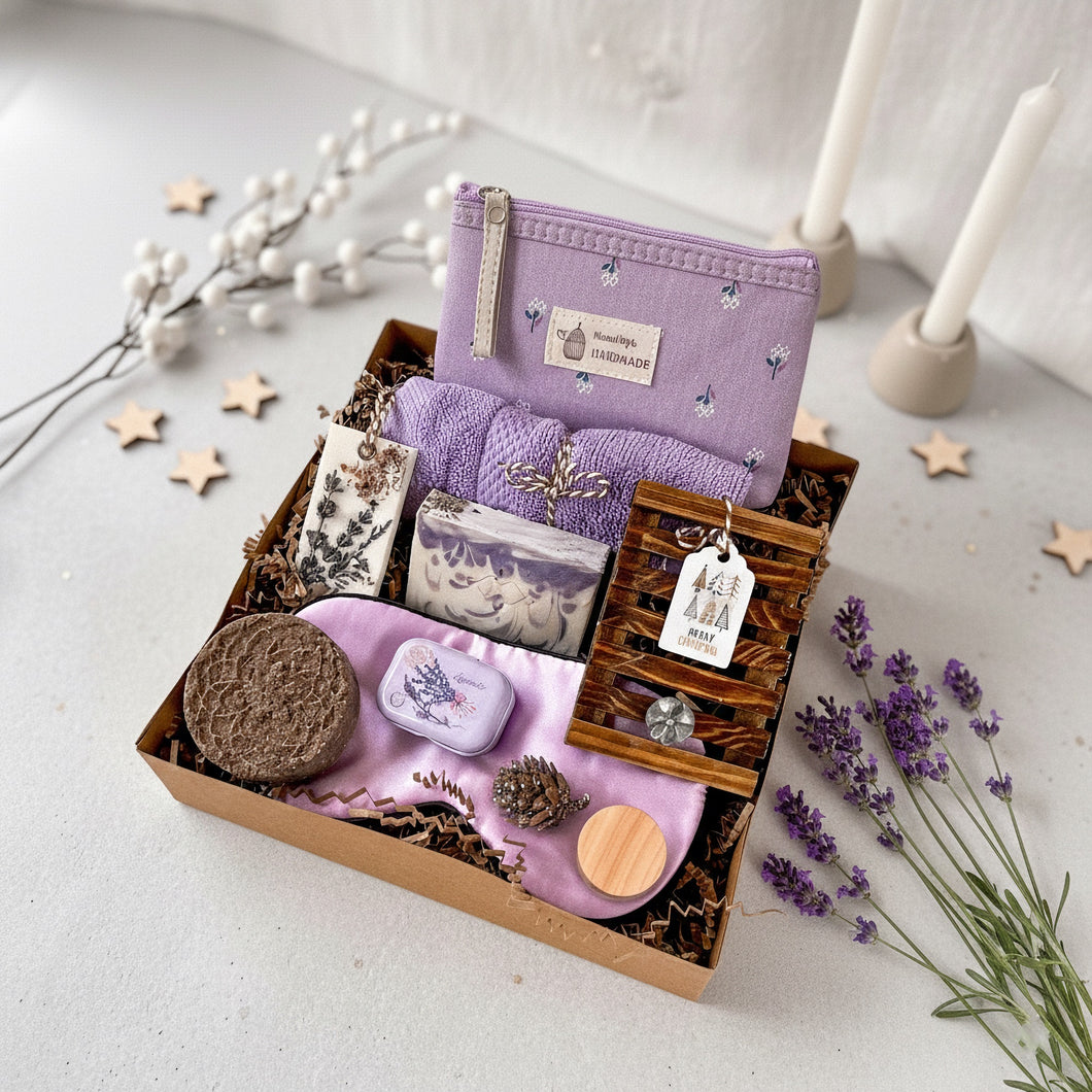 Lavender spa gift box with handmade soap, solid shampoo bar, purple pouch, sleep mask, candle, and natural skincare items arranged in a kraft box, Christmas self care gift set for her.