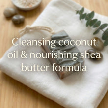 Charger l'image dans la galerie, Soap on a rope lying flat showing thick bar size, cleansing coconut oil and nourishing shea butter formula.