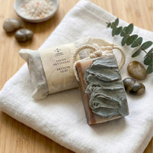 Charger l'image dans la galerie, Handcrafted soap on a rope in reusable cotton bag, coconut oil and shea butter bar.