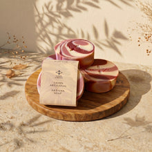 Load image into Gallery viewer, Cranberry Yogurt soap bars with one front bar wrapped in Woods and Mosses paper sleeve