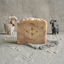 Charger l'image dans la galerie, Handmade goat milk and oatmeal soap bar with creamy beige and blush swirls, front view by Woods and Mosses.