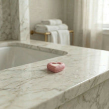 Load image into Gallery viewer, Single pink heart-shaped mini soap with white center, handmade decorative guest bar for sink or bath