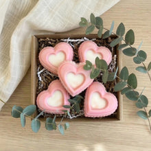 Load image into Gallery viewer, Boxed set of five pink heart-shaped mini soaps with white centers, handmade guest bars for gifting