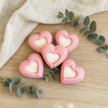 Load image into Gallery viewer, Five handmade pink heart mini soaps with white centers, decorative guest soap set for bathroom or hostess gift - Woods and Mosses