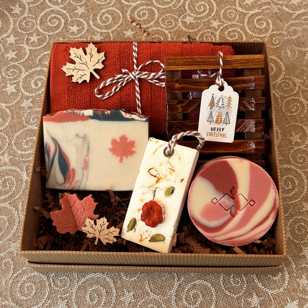 Canadian Christmas Self Care Gift Box showcasing sustainable and indulgent wellness products by Woods and Mosses.