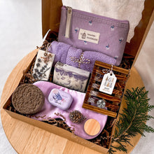 Load image into Gallery viewer, Luxury Lavender Spa Gift Basket, Christmas Edition by Woods and Mosses: A beautifully curated holiday gift set featuring soothing lavender-themed spa products, perfect for festive self-care or as a thoughtful Christmas present, elegantly presented for the season.