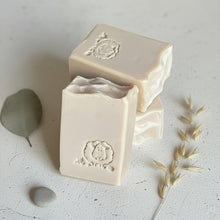 Load image into Gallery viewer, Stacked cream lamb tallow soap bars with sheep stamp and carved top texture