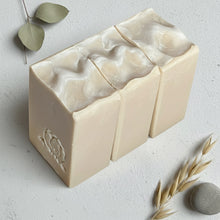 Load image into Gallery viewer, Three cream lamb tallow soap bars with marbled tops and sheep stamp