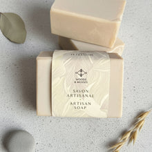 Load image into Gallery viewer, Cream lamb tallow artisan soap bars, one wrapped with Woods and Mosses label