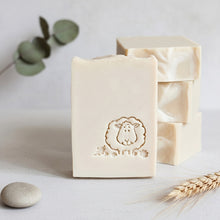 Load image into Gallery viewer, Cream handmade lamb tallow soap bars with sheep stamp and marbled tops
