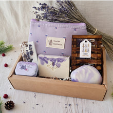 Load image into Gallery viewer, christmas lavender self care gift box with handmade soaps, lavender pouch, wooden soap dish, and lavender wax sachet