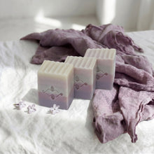 Load image into Gallery viewer, Three cube lilac soap bars with ribbed tops, pastel layers and stamped Woods and Mosses logo