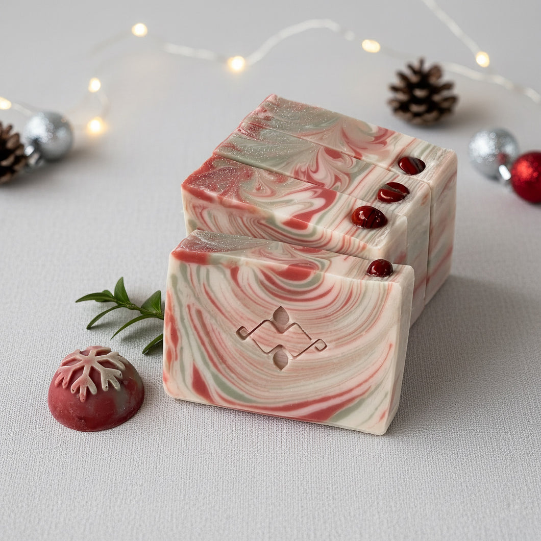 Handmade Christmas soap bars in cream with red and mint-green peppermint swirls and fine mica sparkle, beveled edges, and a stamped geometric logo; top bar includes small red embeds. Natural cold-process artisan gift soap.