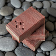 Load image into Gallery viewer, Rectangular men’s natural soap bar in a deep mocha shade with subtle marbled swirls, featuring Woods and Mosses stamp on the surface. Handmade artisan soap with smooth edges, designed for gentle cleansing and refined skincare routines.