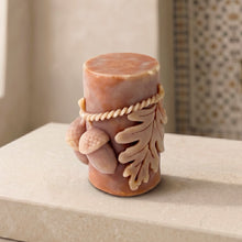 Load image into Gallery viewer, Round Moroccan clay soap with acorn and oak leaf decoration in soft terracotta and cream tones