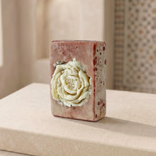 Load image into Gallery viewer, Square Moroccan clay soap with cream flower detail, red speckles, and softly marbled sides