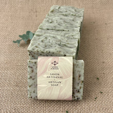 Load image into Gallery viewer, Wrapped Nettle &amp; Eucalyptus artisan soap bar with matching loaf, showing handmade bars ready for gifting