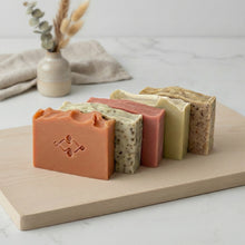 Load image into Gallery viewer, Five artisan vegan soap bars in natural tones lined together, handcrafted gift set for body and face care