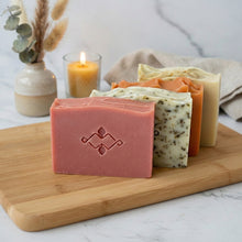 Load image into Gallery viewer, pink handcrafted soap bar with clean surface and smooth texture from festive set