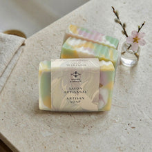 Load image into Gallery viewer, Wrapped pastel artisan soap bars with soft marbled colors and branded paper label.