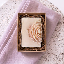 Load image into Gallery viewer, Handmade peony soap in kraft gift box with raised blush floral detail