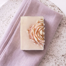 Load image into Gallery viewer, Handmade peony floral soap bar with ivory base and sculpted blush flower detail