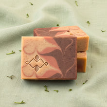 Load image into Gallery viewer, Natural artisan soap bar with a beige and brown swirl design, made with potato juice and shea butter, handcrafted for dry and mature skin.