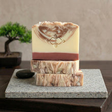 Load image into Gallery viewer, Stacked handmade sandalwood natural soap bars with ivory base and brown marbled tops