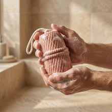 Load image into Gallery viewer, Lathered sandalwood soap on a rope, textured handmade body bar