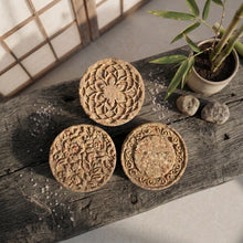 Load image into Gallery viewer, Three handcrafted solid shampoo bars with intricate floral and geometric embossed patterns, natural earthy beige color, designed for eco-friendly hair care, zero waste beauty routines, and sustainable bath essentials.