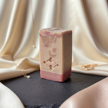 Charger l'image dans la galerie, Single pink silk soap bar with shea butter, stamped front, floral swirl detail, and soft rose base