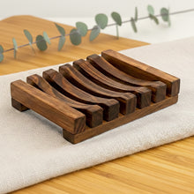 Load image into Gallery viewer, Wooden self-draining soap dish with curved slats, minimalist eco bathroom accessory.