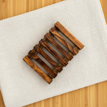 Load image into Gallery viewer, Top view of handmade wooden soap dish showing slatted drainage design.